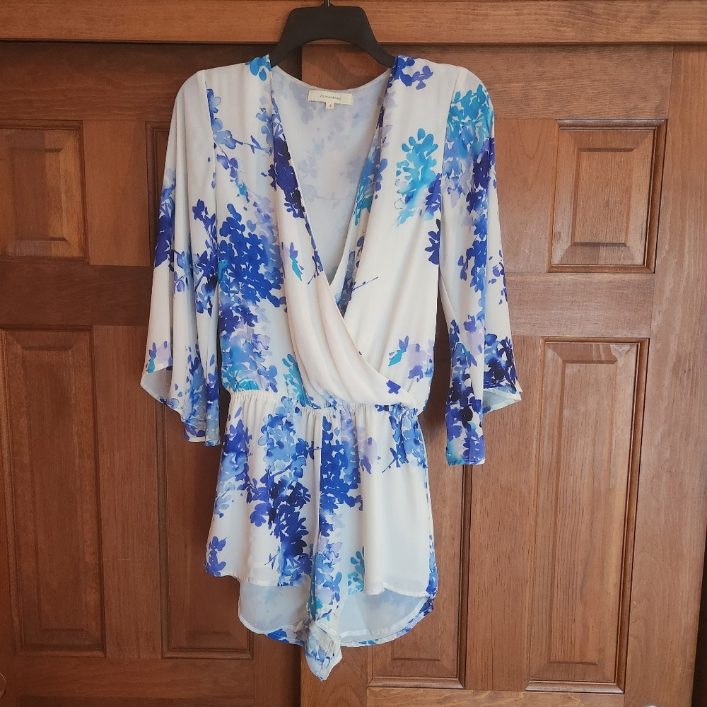 OLIVACEOUS Romper mini, blue and white floral, Size S